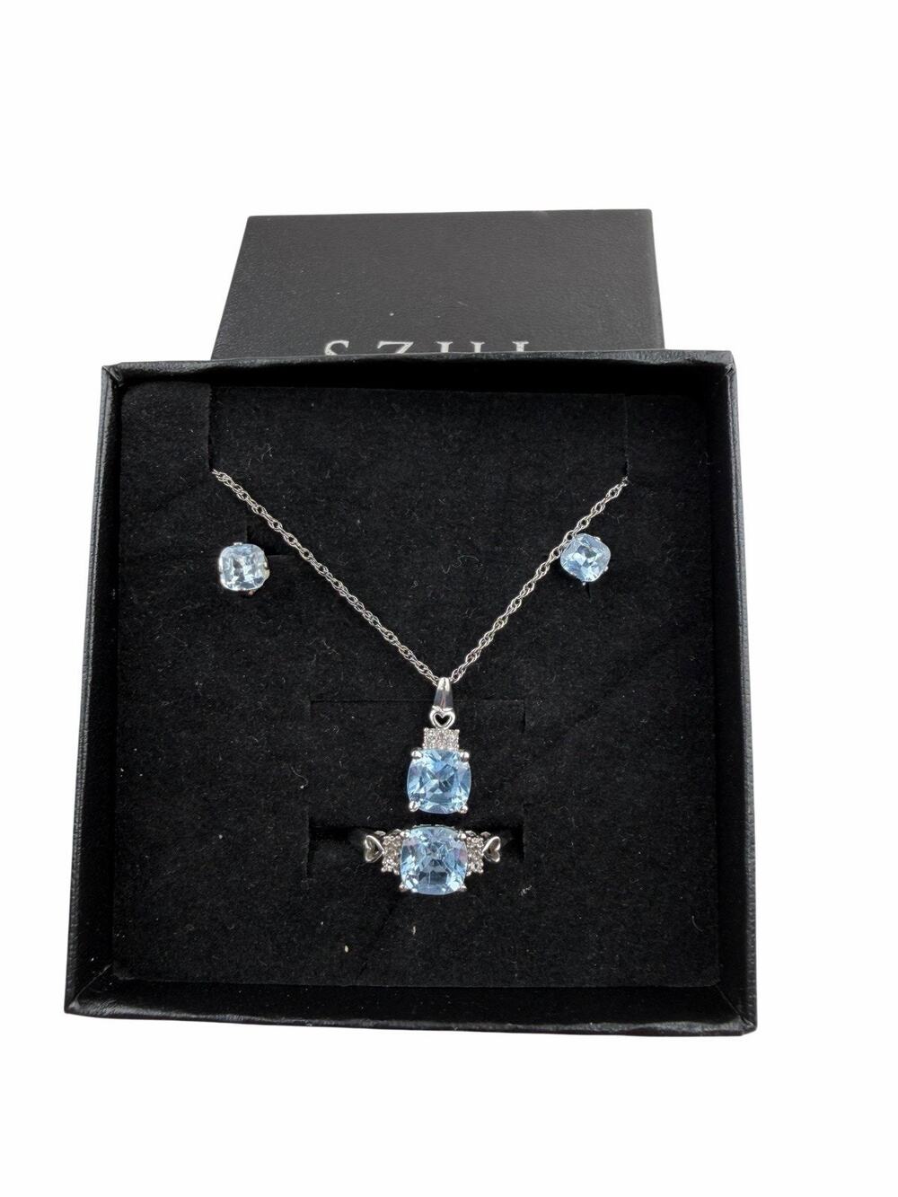 SZUL 17.5" Sterling Silver Necklace, Pierced Stud Earrings & Size 7 Ring Topaz